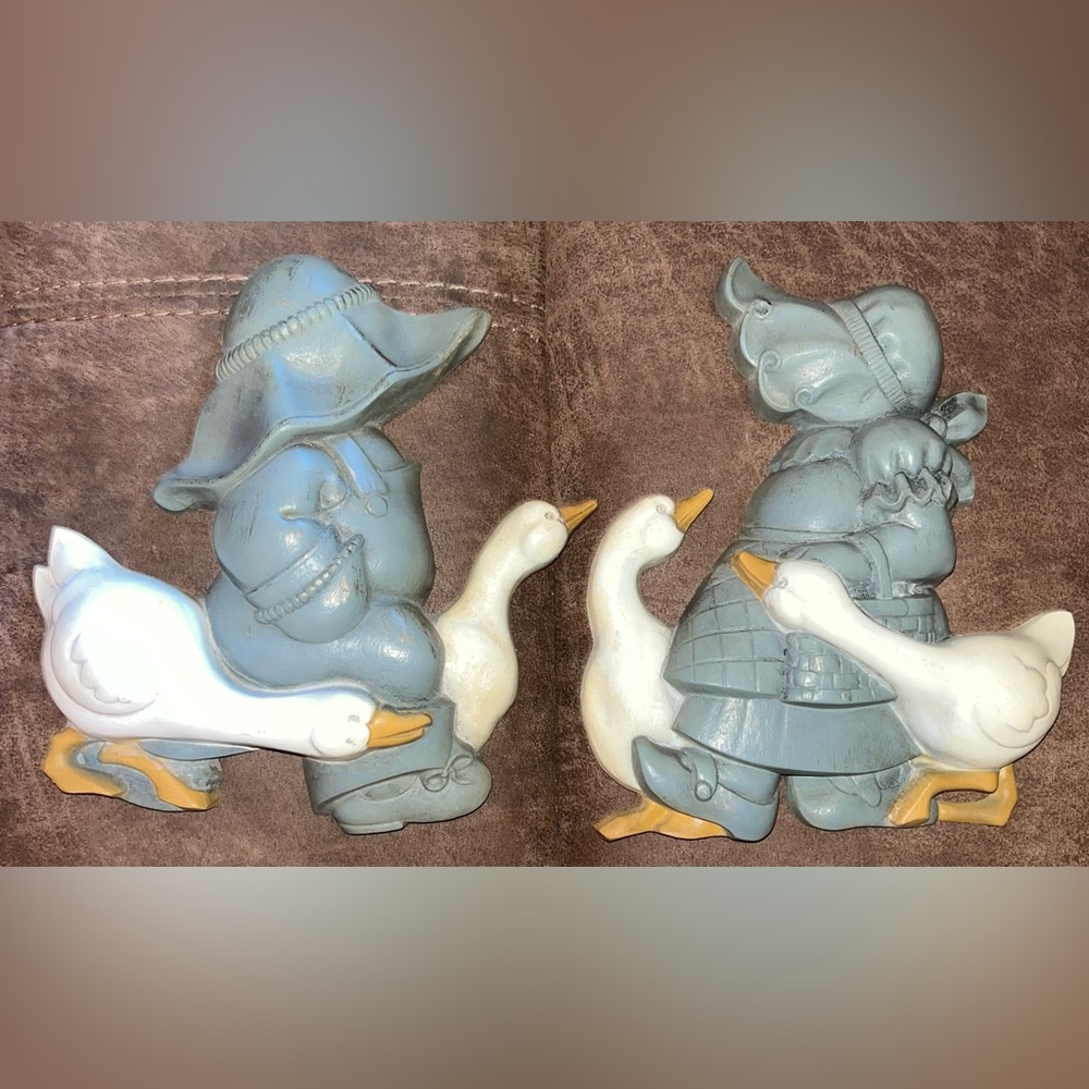 Vintage HOMCO Burwood Wall Hanging Plaques girl boy w/ geese ducks Made USA